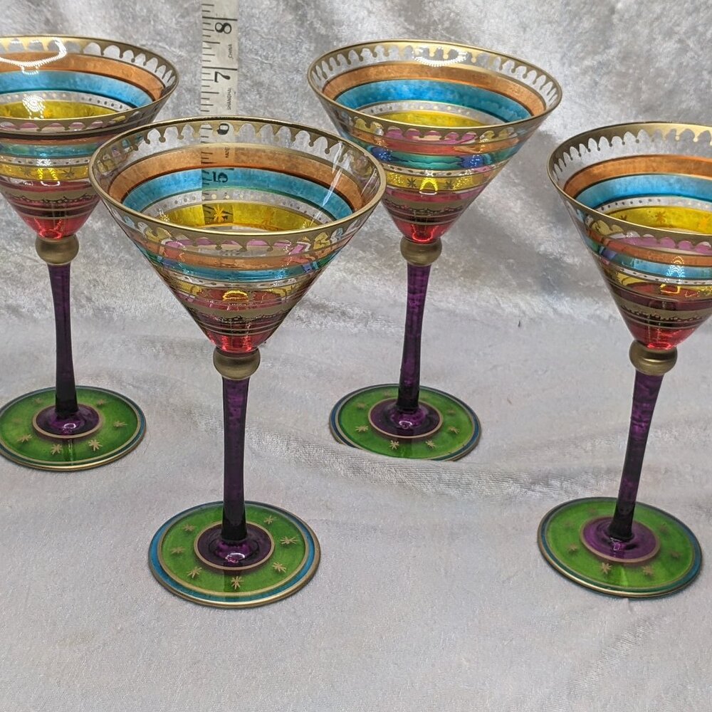 Set Of 4 Pier 1 Hand Painted Martini Glasses Stars Purple Stem Gold Bohemian